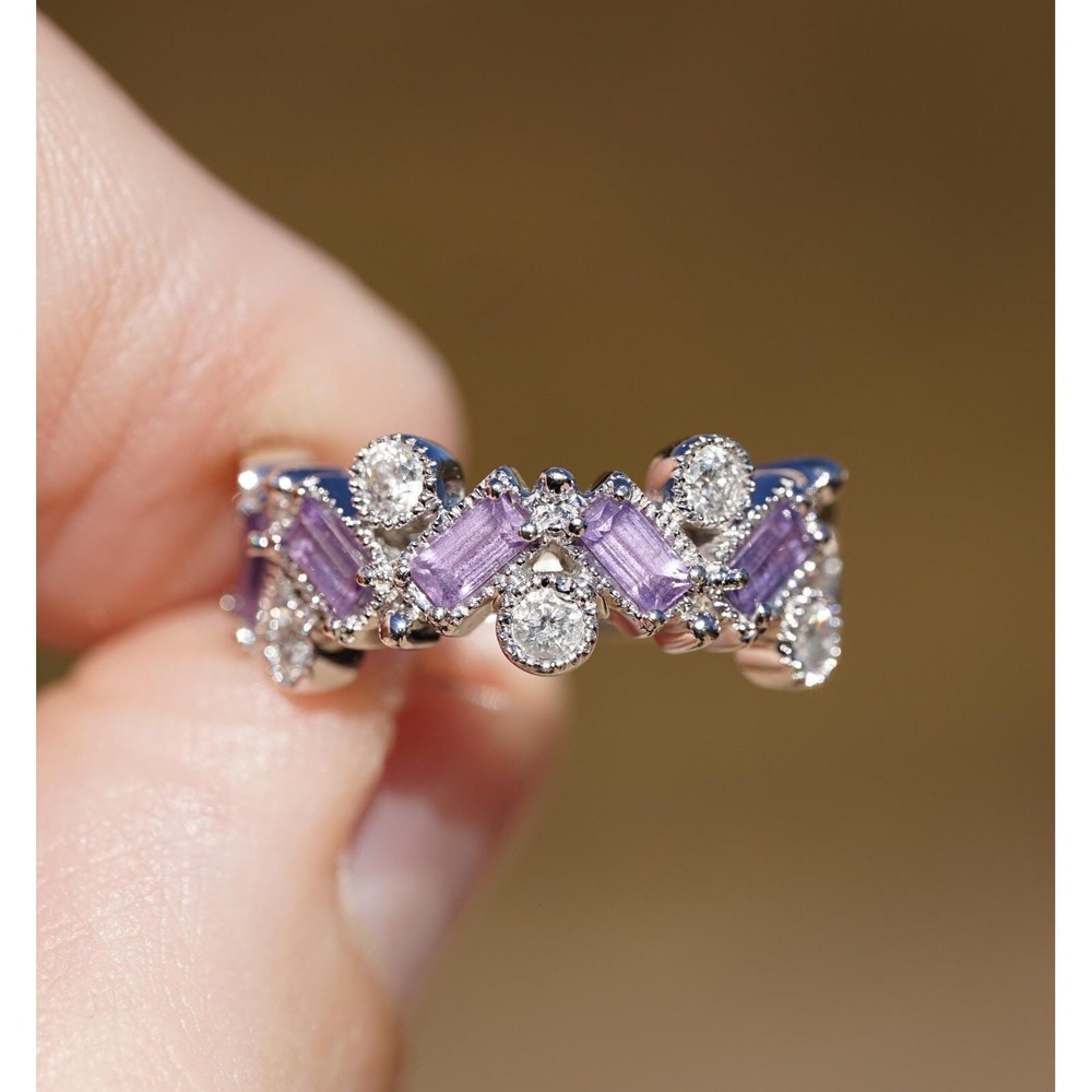 Vintage Effy Designer 14k Solid White Gold Natural‎ Diamond & Amethyst Ring